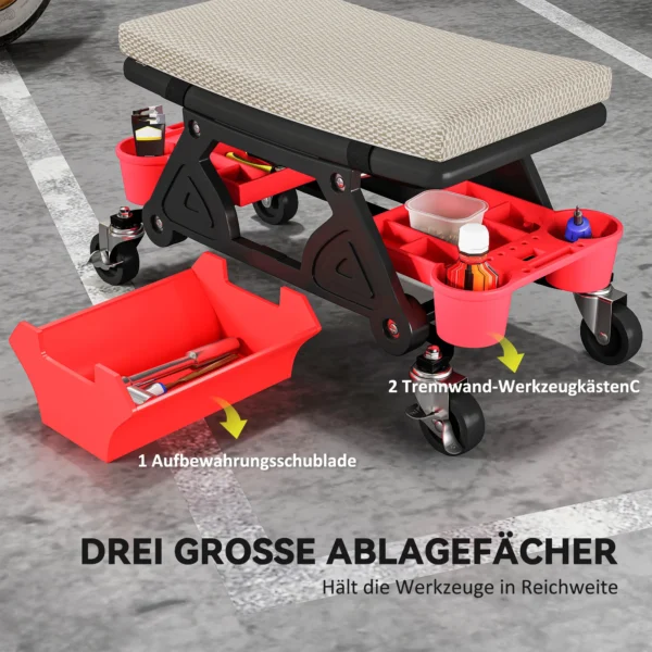 Werkplaatskruk met rollen, opbergruimte, lade, 35cm hoog, rolkruk tot 135 kg belastbaar, werkkruk, rolstoel, werkplaatsstoel voor werkplaats, grijs 8
