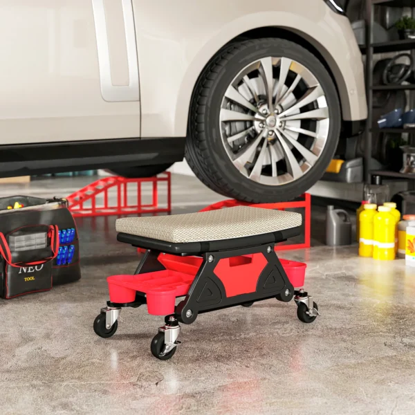 Werkplaatskruk met rollen, opbergruimte, lade, 35cm hoog, rolkruk tot 135 kg belastbaar, werkkruk, rolstoel, werkplaatsstoel voor werkplaats, grijs 9