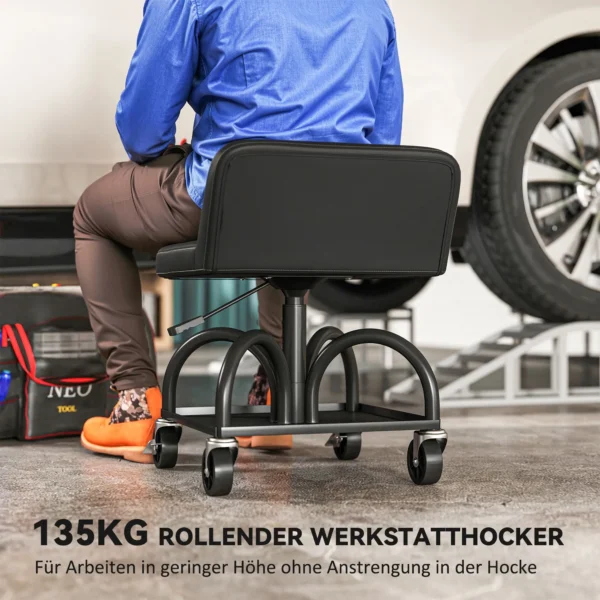 Werkplaatskruk met rollen, opbergruimte, lendensteun, 58,5 cm hoog, rolkruk tot 135 kg belastbaar, werkkruk, rolstoel, werkplaatsstoel voor werkplaats zwart 5