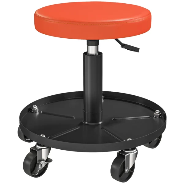 Werkplaatskruk met wielen, opbergoppervlak, in hoogte verstelbaar 38 50cm, rolkruk tot 135 kg belastbaar, draaibaar, werkstoel, draaistoel Ø38 cm, werkplaatsstoel voor werkplaats oranje 1
