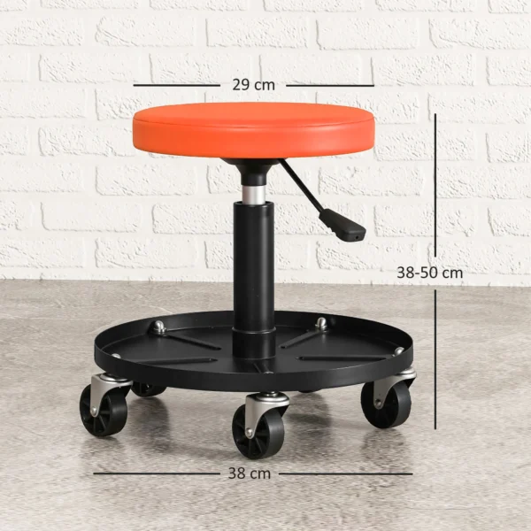 Werkplaatskruk met wielen, opbergoppervlak, in hoogte verstelbaar 38 50cm, rolkruk tot 135 kg belastbaar, draaibaar, werkstoel, draaistoel Ø38 cm, werkplaatsstoel voor werkplaats oranje 4
