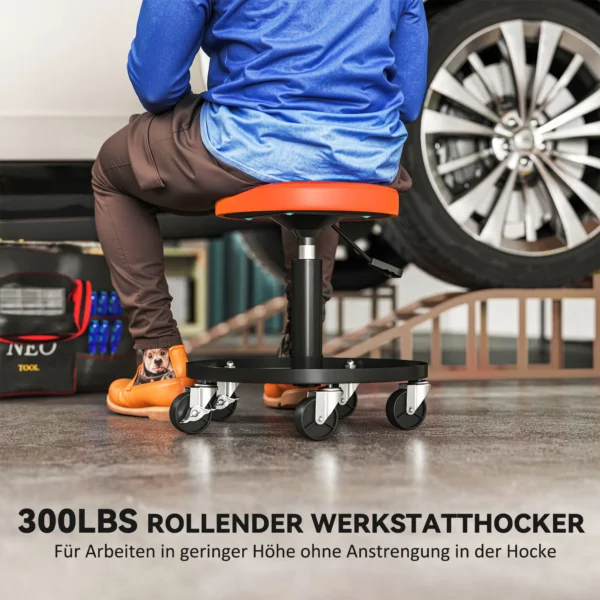 Werkplaatskruk met wielen, opbergoppervlak, in hoogte verstelbaar 38 50cm, rolkruk tot 135 kg belastbaar, draaibaar, werkstoel, draaistoel Ø38 cm, werkplaatsstoel voor werkplaats oranje 5