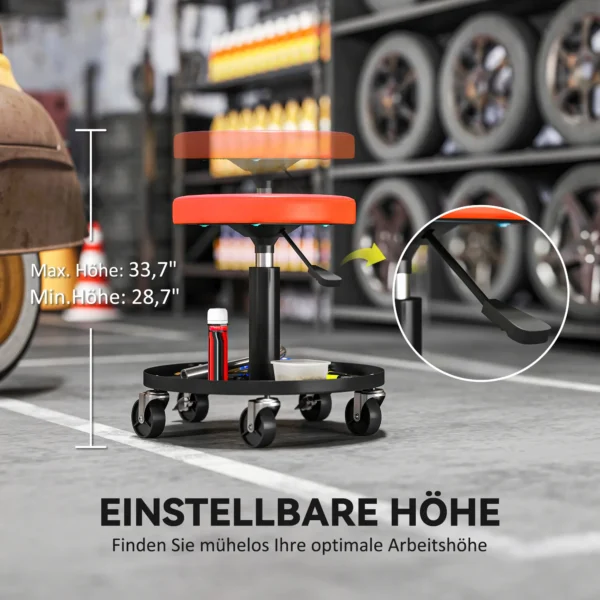 Werkplaatskruk met wielen, opbergoppervlak, in hoogte verstelbaar 38 50cm, rolkruk tot 135 kg belastbaar, draaibaar, werkstoel, draaistoel Ø38 cm, werkplaatsstoel voor werkplaats oranje 6