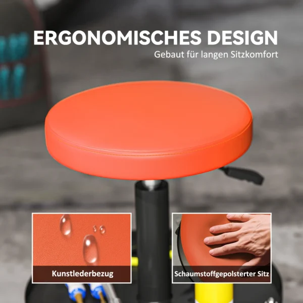 Werkplaatskruk met wielen, opbergoppervlak, in hoogte verstelbaar 38 50cm, rolkruk tot 135 kg belastbaar, draaibaar, werkstoel, draaistoel Ø38 cm, werkplaatsstoel voor werkplaats oranje 7