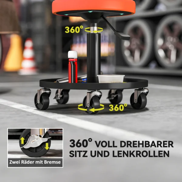 Werkplaatskruk met wielen, opbergoppervlak, in hoogte verstelbaar 38 50cm, rolkruk tot 135 kg belastbaar, draaibaar, werkstoel, draaistoel Ø38 cm, werkplaatsstoel voor werkplaats oranje 8