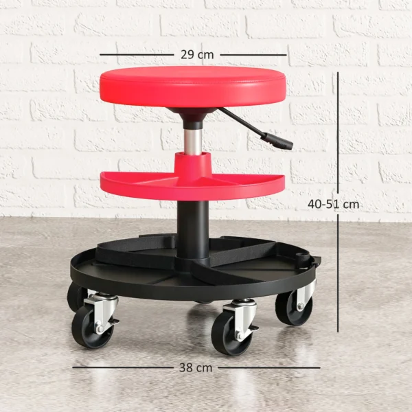 Werkplaatskruk met wielen, verstelbare hoogte 40 51cm, rolkruk belastbaar tot 135 kg, draaibare werkstoel, draaikruk Ø38 cm, werkplaatsstoel voor werkplaats rood 4