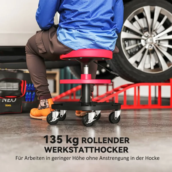 Werkplaatskruk met wielen, verstelbare hoogte 40 51cm, rolkruk belastbaar tot 135 kg, draaibare werkstoel, draaikruk Ø38 cm, werkplaatsstoel voor werkplaats rood 5