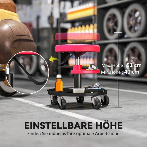 Werkplaatskruk met wielen, verstelbare hoogte 40 51cm, rolkruk belastbaar tot 135 kg, draaibare werkstoel, draaikruk Ø38 cm, werkplaatsstoel voor werkplaats rood 6