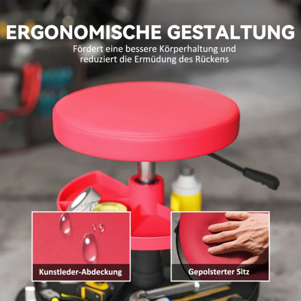 Werkplaatskruk met wielen, verstelbare hoogte 40 51cm, rolkruk belastbaar tot 135 kg, draaibare werkstoel, draaikruk Ø38 cm, werkplaatsstoel voor werkplaats rood 7