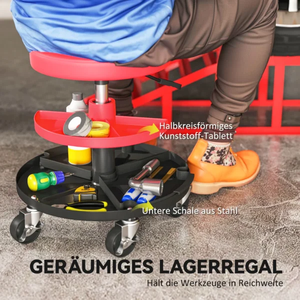 Werkplaatskruk met wielen, verstelbare hoogte 40 51cm, rolkruk belastbaar tot 135 kg, draaibare werkstoel, draaikruk Ø38 cm, werkplaatsstoel voor werkplaats rood 8