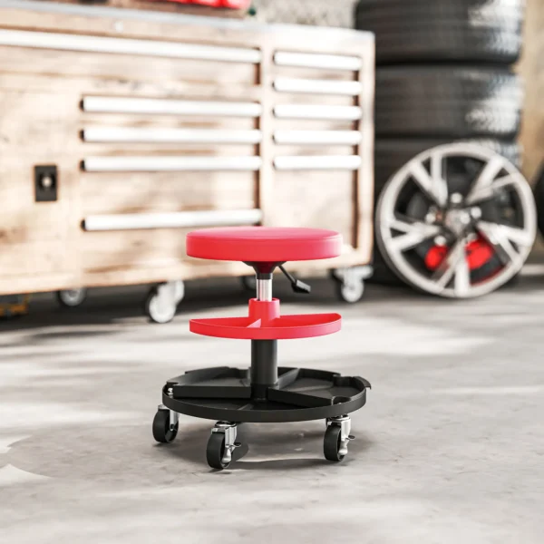 Werkplaatskruk met wielen, verstelbare hoogte 40 51cm, rolkruk belastbaar tot 135 kg, draaibare werkstoel, draaikruk Ø38 cm, werkplaatsstoel voor werkplaats rood 9