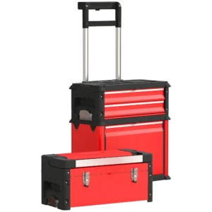 Werkplaatswagen incl. koffer gereedschapswagen leeg met 3 modulaire eenheden, rolwagen voor gereedschapsopslag, gereedschapskist met handvat, staal, rood 1