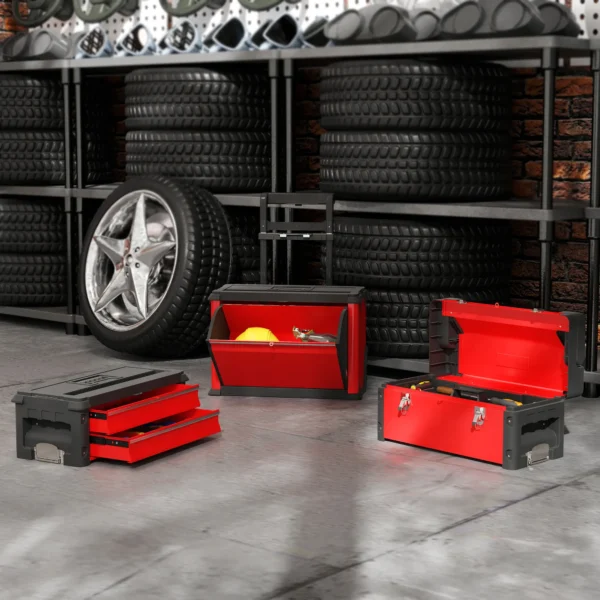 Werkplaatswagen incl. koffer gereedschapswagen leeg met 3 modulaire eenheden, rolwagen voor gereedschapsopslag, gereedschapskist met handvat, staal, rood 10