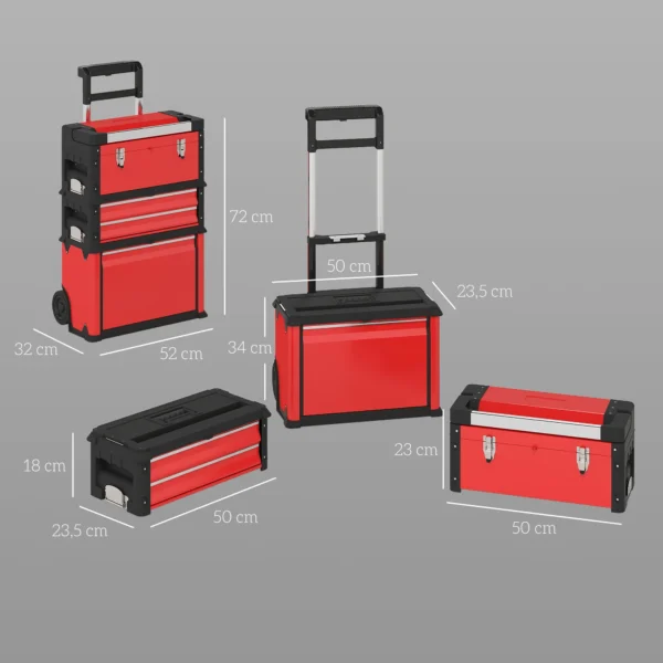 Werkplaatswagen incl. koffer gereedschapswagen leeg met 3 modulaire eenheden, rolwagen voor gereedschapsopslag, gereedschapskist met handvat, staal, rood 4