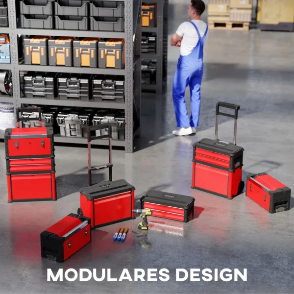 Werkplaatswagen incl. koffer gereedschapswagen leeg met 3 modulaire eenheden, rolwagen voor gereedschapsopslag, gereedschapskist met handvat, staal, rood 5