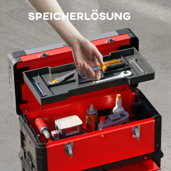 Werkplaatswagen incl. koffer gereedschapswagen leeg met 3 modulaire eenheden, rolwagen voor gereedschapsopslag, gereedschapskist met handvat, staal, rood 6
