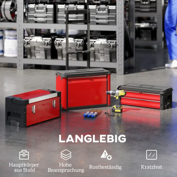 Werkplaatswagen incl. koffer gereedschapswagen leeg met 3 modulaire eenheden, rolwagen voor gereedschapsopslag, gereedschapskist met handvat, staal, rood 8
