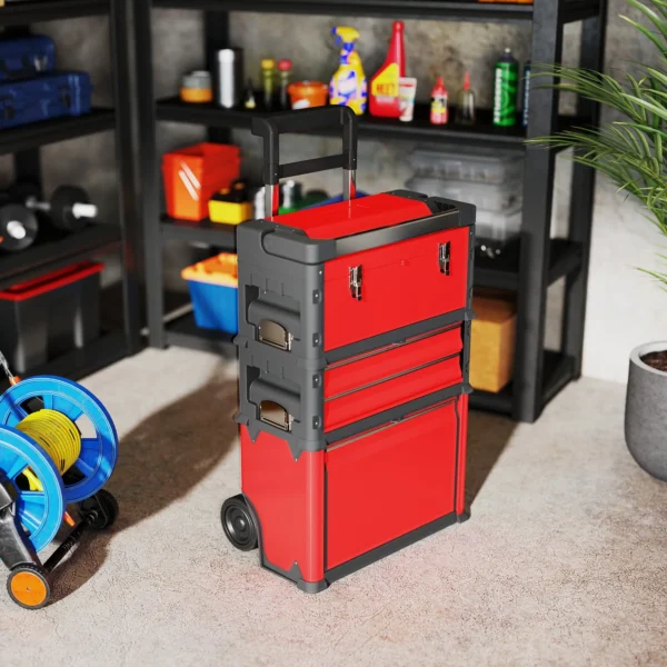 Werkplaatswagen incl. koffer gereedschapswagen leeg met 3 modulaire eenheden, rolwagen voor gereedschapsopslag, gereedschapskist met handvat, staal, rood 9