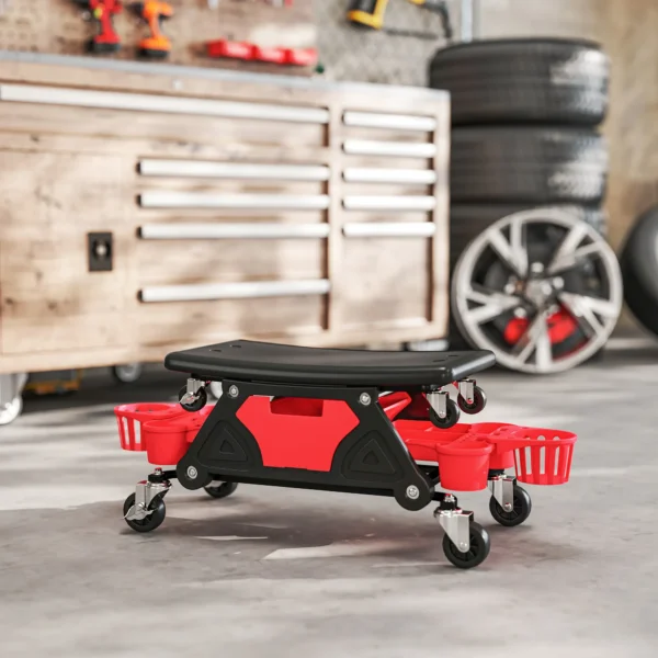 Werkstatthocker mit rollen abnehmbar sitz, ablagefläche, schublade, 33cm hoch rollhocker bis 135 kg belastbar arbeitshocker rollsitz werkstattsitz für werkstatt rot 10