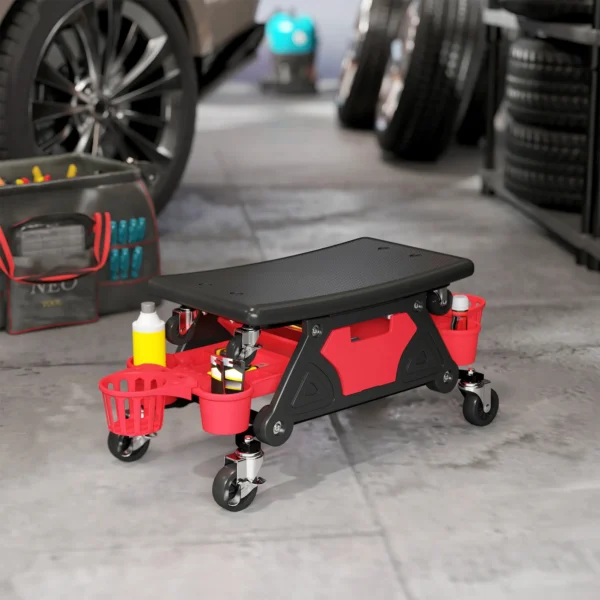 Werkstatthocker mit rollen abnehmbar sitz, ablagefläche, schublade, 33cm hoch rollhocker bis 135 kg belastbar arbeitshocker rollsitz werkstattsitz für werkstatt rot 2