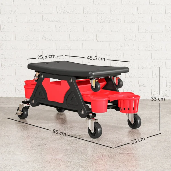 Werkstatthocker mit rollen abnehmbar sitz, ablagefläche, schublade, 33cm hoch rollhocker bis 135 kg belastbar arbeitshocker rollsitz werkstattsitz für werkstatt rot 4