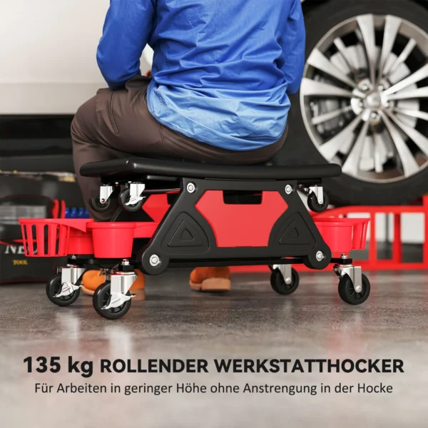 Werkstatthocker mit rollen abnehmbar sitz, ablagefläche, schublade, 33cm hoch rollhocker bis 135 kg belastbar arbeitshocker rollsitz werkstattsitz für werkstatt rot 5