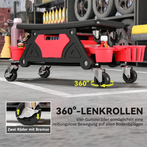 Werkstatthocker mit rollen abnehmbar sitz, ablagefläche, schublade, 33cm hoch rollhocker bis 135 kg belastbar arbeitshocker rollsitz werkstattsitz für werkstatt rot 7