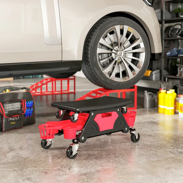 Werkstatthocker mit rollen abnehmbar sitz, ablagefläche, schublade, 33cm hoch rollhocker bis 135 kg belastbar arbeitshocker rollsitz werkstattsitz für werkstatt rot 9