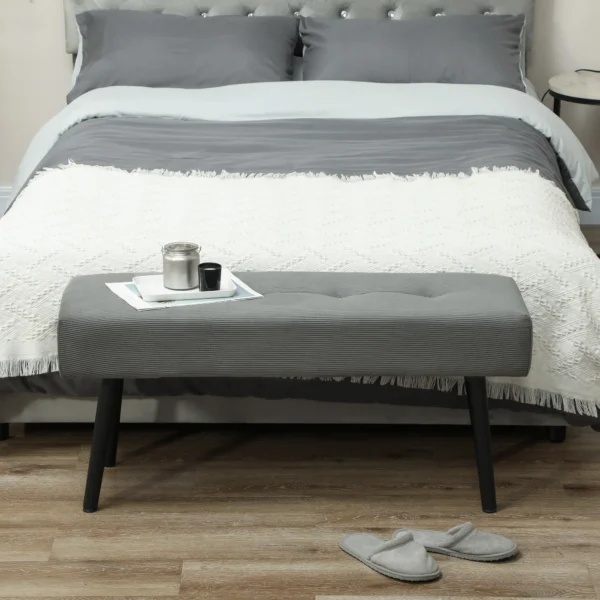 Zitbank gestoffeerde bank met corduroy bekleding, getuftete bedbank met metalen poten, schoenenbank gangmeubilair voor slaapkamer, woonkamer, gang 100 x 36 x 45 cm grijs 8
