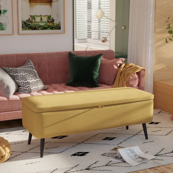 Zitbank, gestoffeerde bank met opbergruimte, linnenlook, bedbank met stalen poten voor woonkamer, gang, slaapkamer, tot 150 kg belastbaar, 101 x 38,5 x 44,5 cm, geel 2