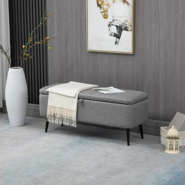 Zitbank met opbergruimte, gestoffeerde bank met linnenlook, zitkist met stalen poten, kistbank voor woonkamer, slaapkamer, gang 102 x 40 x 44 cm, grijs 2