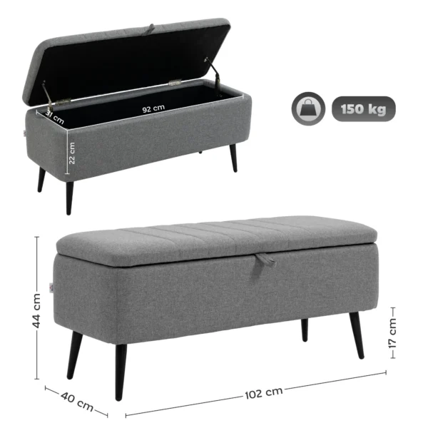 Zitbank met opbergruimte, gestoffeerde bank met linnenlook, zitkist met stalen poten, kistbank voor woonkamer, slaapkamer, gang 102 x 40 x 44 cm, grijs 4