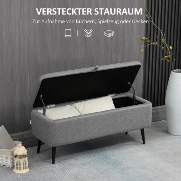 Zitbank met opbergruimte, gestoffeerde bank met linnenlook, zitkist met stalen poten, kistbank voor woonkamer, slaapkamer, gang 102 x 40 x 44 cm, grijs 5