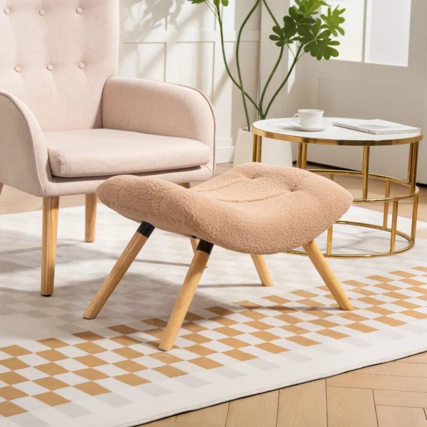 Zitkruk, voetenbankje met berberfleece stof, gestoffeerde kruk tot 120 kg belastbaar, voor woonkamer, slaapkamer, 67 x 45 x 38 cm, bruin 2