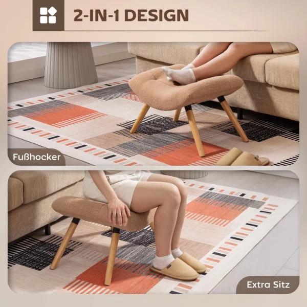 Zitkruk, voetenbankje met berberfleece stof, gestoffeerde kruk tot 120 kg belastbaar, voor woonkamer, slaapkamer, 67 x 45 x 38 cm, bruin 6