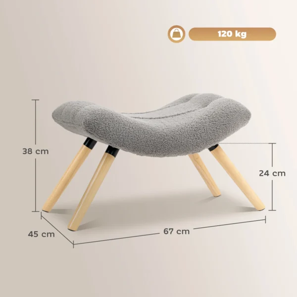Zitkruk, voetenbankje met berberfleece stof, gestoffeerde kruk tot 120 kg belastbaar, voor woonkamer, slaapkamer, 67 x 45 x 38 cm, lichtgrijs 4