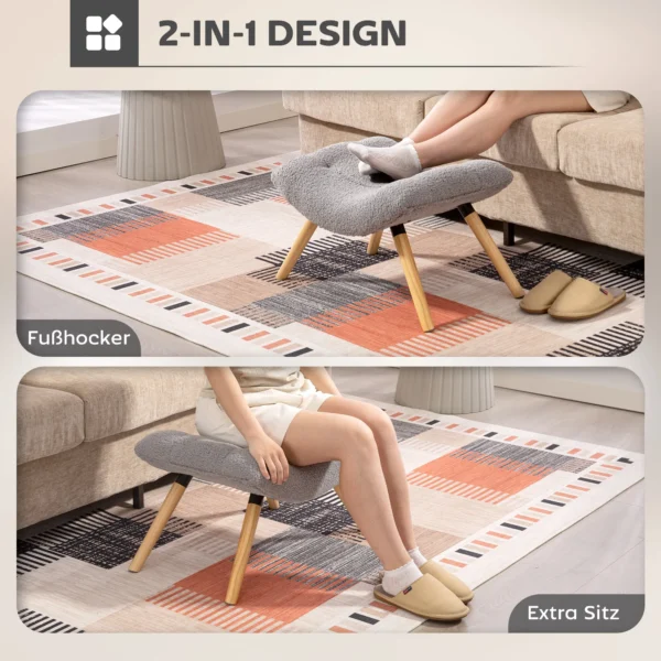 Zitkruk, voetenbankje met berberfleece stof, gestoffeerde kruk tot 120 kg belastbaar, voor woonkamer, slaapkamer, 67 x 45 x 38 cm, lichtgrijs 6