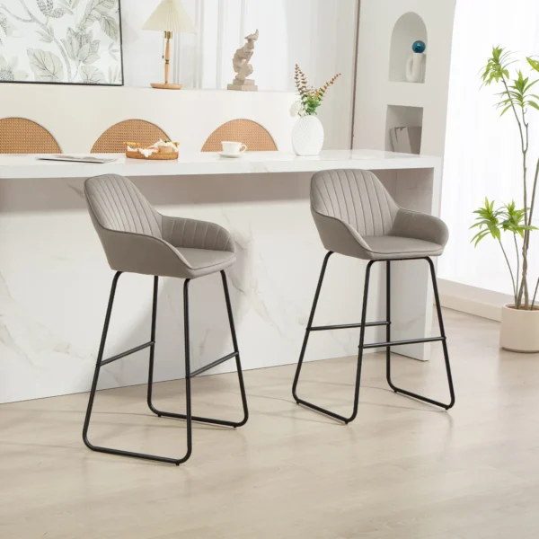 2 delige set barkrukken, barkrukken met stoffen bekleding en schuimvulling, gestoffeerde krukken met metalen poten, grijs 2