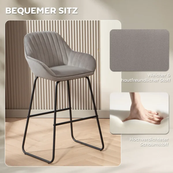 2 delige set barkrukken, barkrukken met stoffen bekleding en schuimvulling, gestoffeerde krukken met metalen poten, grijs 6