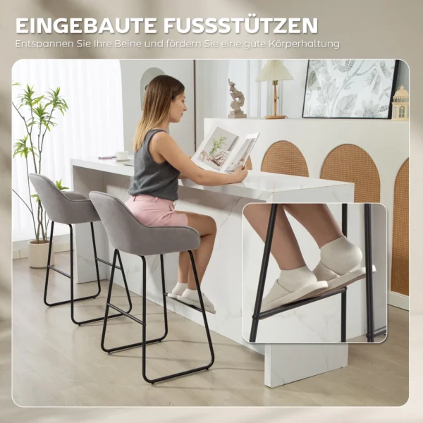 2 delige set barkrukken, barkrukken met stoffen bekleding en schuimvulling, gestoffeerde krukken met metalen poten, grijs 7