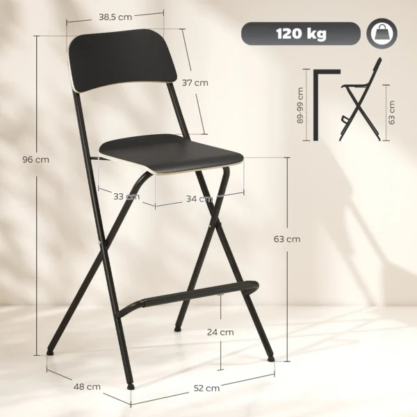2 delige set barkrukken, inklapbare barstoelen met stalen frame, voor keuken, eetkamer, zwart 4