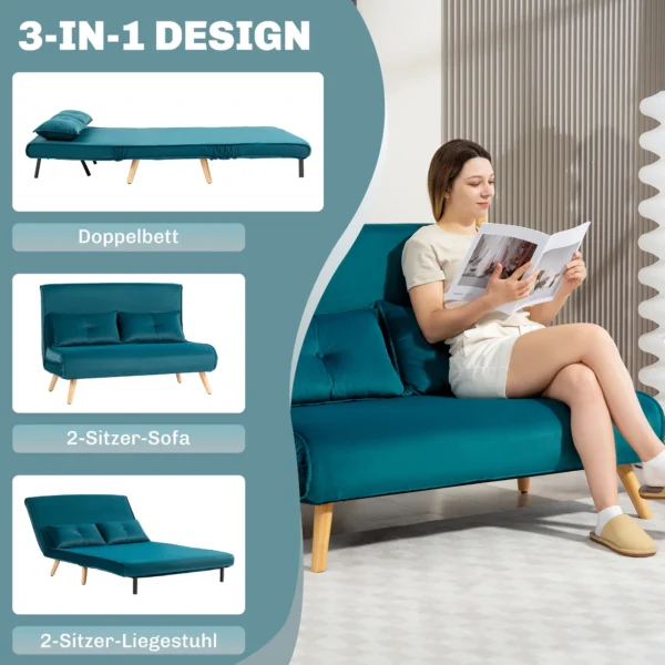 2 zits slaapbank, bedbank, om te bouwen tot bed, verstelbare rugleuning, stoffen bekleding, metalen frame, groen 5