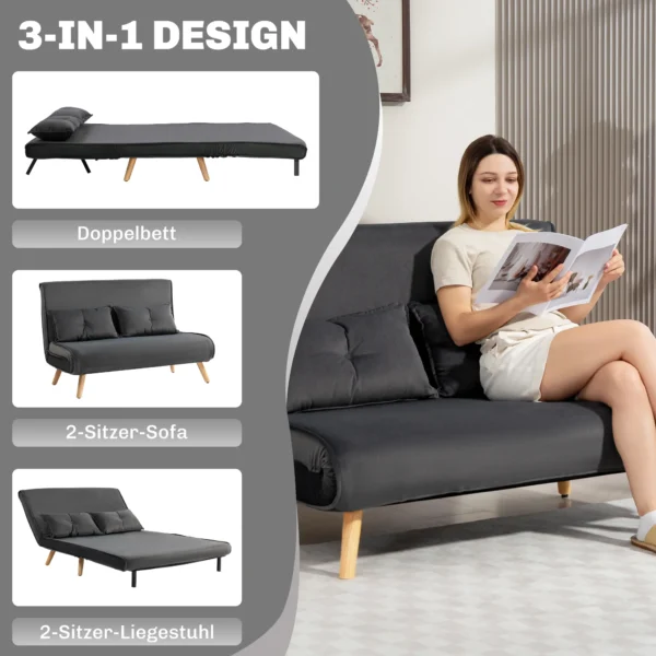 2 zits slaapbank, bedbank, om te zetten in bed, verstelbare rugleuning, stoffen bekleding, metalen frame, grijs 5