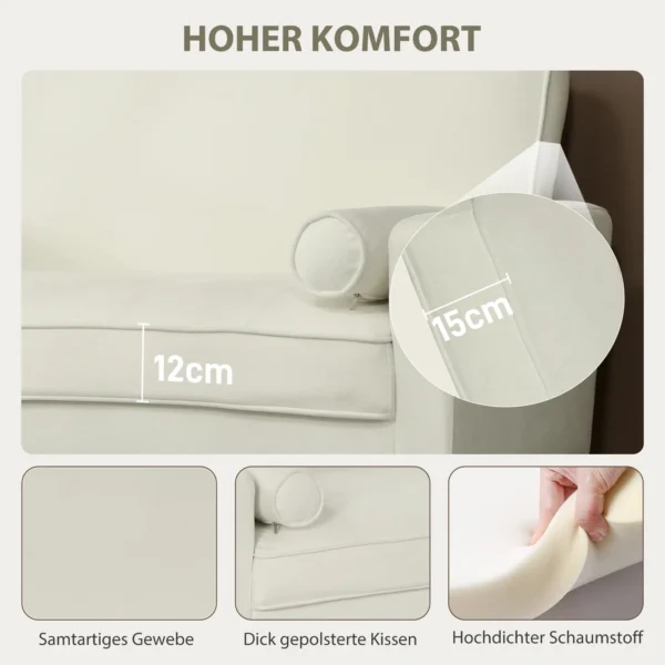 2 zitsbank, dubbele zitbank met rubberhouten poten, gestoffeerde bank voor woonkamer, slaapkamer, crèmewit 5