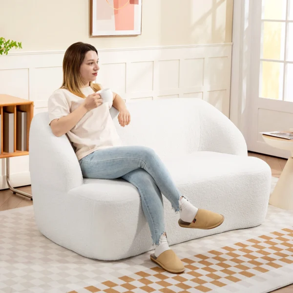 2 zitsbank, gebogen ontwerp, gestoffeerde bank met fleece hoes, voor woonkamer, slaapkamer, thuiskantoor, crèmewit 2