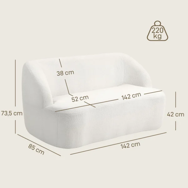 2 zitsbank, gebogen ontwerp, gestoffeerde bank met fleece hoes, voor woonkamer, slaapkamer, thuiskantoor, crèmewit 4