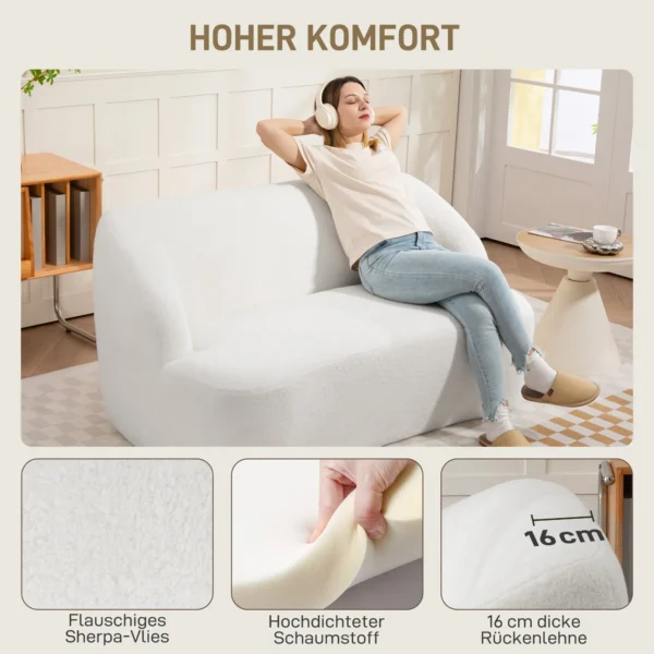 2 zitsbank, gebogen ontwerp, gestoffeerde bank met fleece hoes, voor woonkamer, slaapkamer, thuiskantoor, crèmewit 7