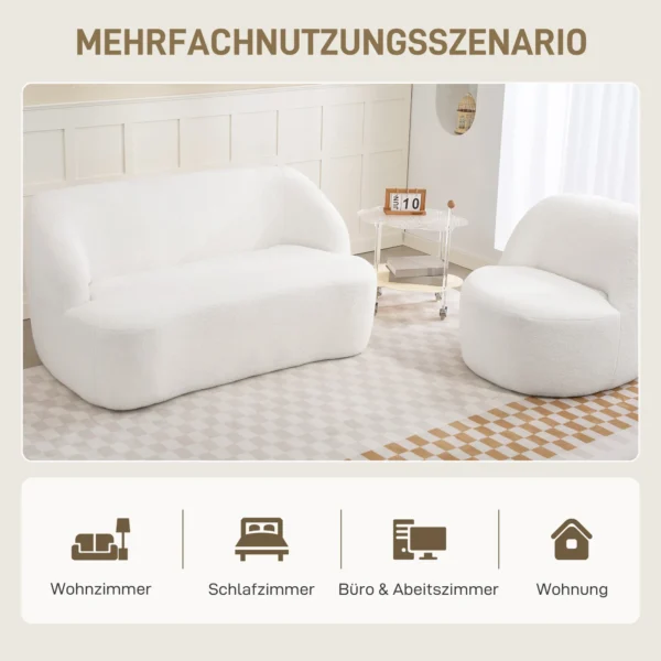 2 zitsbank, gebogen ontwerp, gestoffeerde bank met fleece hoes, voor woonkamer, slaapkamer, thuiskantoor, crèmewit 8