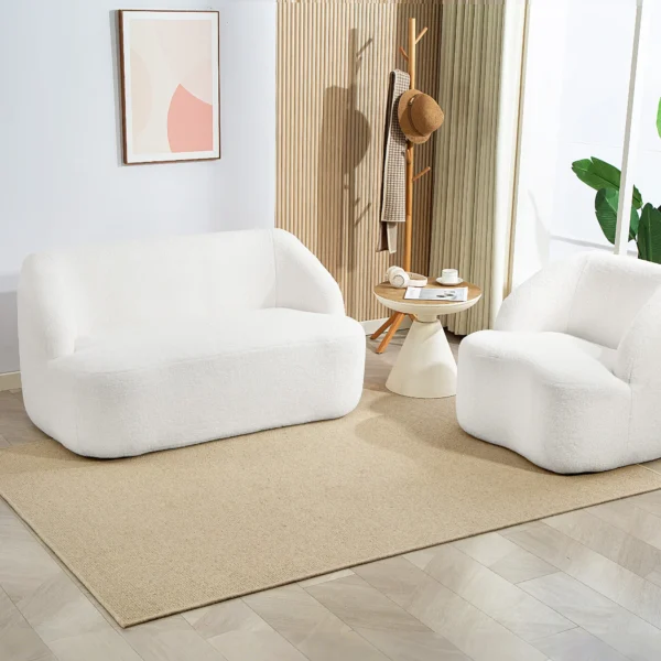 2 zitsbank, gebogen ontwerp, gestoffeerde bank met fleece hoes, voor woonkamer, slaapkamer, thuiskantoor, crèmewit 9