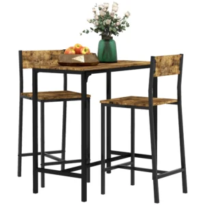 3 delige barset, staande tafel, 2 stoelen, mdf, metalen frame, waterbestendig, bruin 1
